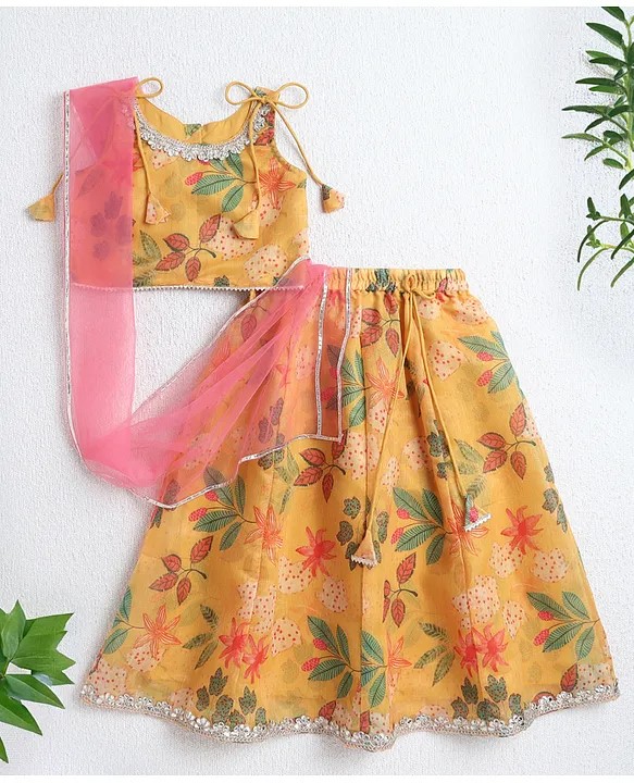 The Magic Wand Woven Sleeveless Floral Printed & Gota Lace Embellished Lehenga Choli With Dupatta Set - Yellow